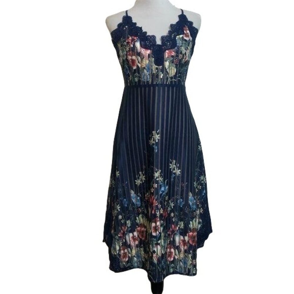 Anthro Foxiedox Lace Meadow Dress Navy Floral Medi